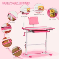 Qaba Kids Desk and Chair Set, Height Adjustable School Study Table and Chair, Student Writing Desk with Tilt Desktop, LED Light, Pen Box, Drawer, Reading Board, Cup Holder, and Pen Slots, Pink(m-8)