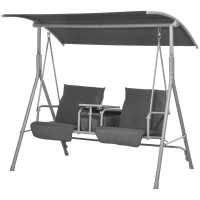 Outsunny 2-Seater Outdoor Porch Swing with Adjustable Canopy and Table, Patio Swing Chair for Garden, Poolside, Backyard, Grey(m-2)