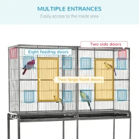 PawHut 64" Extra Large Bird Cage, Rolling Metal Parrot Cage, Bird House with Detachable Rolling Stand, Storage Shelf, Wood Perch, Food Container, 62.8" x 18.9" x 64.2"(m-5)