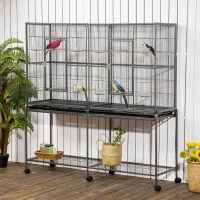 PawHut 64" Extra Large Bird Cage, Rolling Metal Parrot Cage, Bird House with Detachable Rolling Stand, Storage Shelf, Wood Perch, Food Container, 62.8" x 18.9" x 64.2"(m-1)