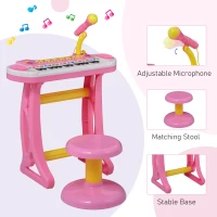 Qaba Kids Toddler Toy Piano Keyboard with Included Sitting Stool, Working Microphone, A Fun Bright Flashlight, Pink(m-5)