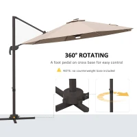 Outsunny 10ft Cantilever Patio Umbrella Offset Parasol with Lights, Cross Base, 360° Rotating for Deck, Beach, Market, Khaki(m-6)