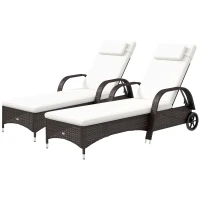 Outsunny 2 Reclining Chaise Lounge Chairs, Rolling Outdoor Chairs with Cushion, Pillow, Headrest, Armrests, and Wheels, Brown & White(m-1)