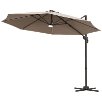 Outsunny 10ft Cantilever Patio Umbrella Offset Parasol with Lights, Cross Base, 360° Rotating for Deck, Beach, Market, Khaki(m-2)