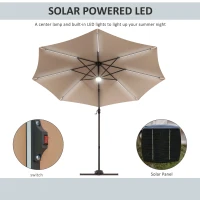 Outsunny 10ft Cantilever Patio Umbrella Offset Parasol with Lights, Cross Base, 360° Rotating for Deck, Beach, Market, Khaki(m-4)