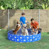 PawHut Folding Dog Pool Portable Pet Kiddie Swimming Pool, Outdoor/Indoor Puppy Bath Tub with Nonslip Bottom for Dogs & Cats,  (Φ63", Blue)(m-1)