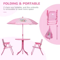 Outsunny Kids Folding Picnic Table and Chair Set Pattern Outdoor Garden Patio Backyard with Removable & Height Adjustable Sun Umbrella Pink(m-4)