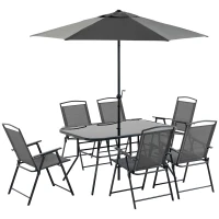 Outsunny 8 Piece Outdoor Dining Set, Patio Furniture Set with Umbrella, 6 Folding Chairs, Rectangle Table and Mesh Seat, Black(m-1)