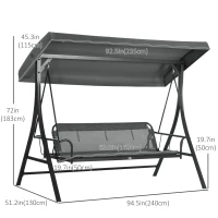 Outsunny 3 Person Porch Swing Bench with Adjustable Canopy, Cushions, Pillows for Porch and Backyard, Dark Grey(m-3)