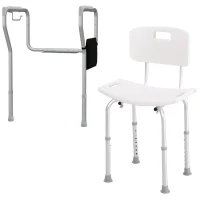 HOMCOM Shower Chair and Toilet Safety Rail Set, Height Adjustable Bath Chair, Width and Height Adjustable Toilet Rail, Assist Grab Bar for Seniors, Easy Installation(m-2)