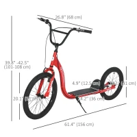 Aosom Youth Scooter Adjustable Height, Front Rear Dual Brakes, Inflatable Wheels 20-Inch 16-Inch, for 10+ Years, Red(m-3)