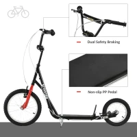 Aosom Youth Kick Scooter with Adjustable Handlebar and 16'' Inflatable Rubber Wheel for Kids and Teens 5+ Year Old, Black(m-4)