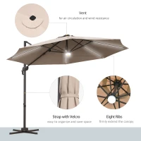 Outsunny 10ft Cantilever Patio Umbrella Offset Parasol with Lights, Cross Base, 360° Rotating for Deck, Beach, Market, Khaki(m-7)