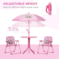 Outsunny Kids Folding Picnic Table and Chair Set Pattern Outdoor Garden Patio Backyard with Removable & Height Adjustable Sun Umbrella Pink(m-5)