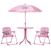 Outsunny Kids Folding Picnic Table and Chair Set Pattern Outdoor Garden Patio Backyard with Removable & Height Adjustable Sun Umbrella Pink(m-2)