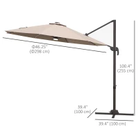 Outsunny 10ft Cantilever Patio Umbrella Offset Parasol with Lights, Cross Base, 360° Rotating for Deck, Beach, Market, Khaki(m-3)