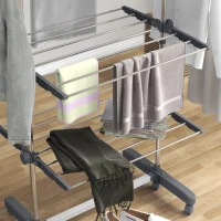 HOMCOM Garment Drying Rack Stainless Steel Folding Clothes Hanging Rack with Side Wings Castors for Indoor Outdoor Grey(m-10)