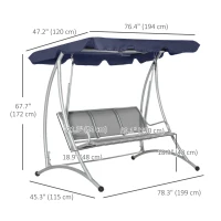 Outsunny 3-Seater Outdoor Swing Chair Bench with Adjustable Canopy, Dark Blue(m-3)