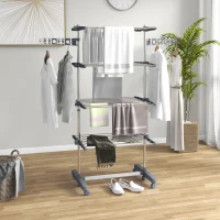 HOMCOM Garment Drying Rack Stainless Steel Folding Clothes Hanging Rack with Side Wings Castors for Indoor Outdoor Grey(m-1)