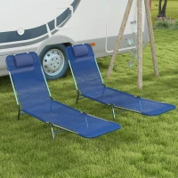 Outsunny 2 Piece Sun Loungers, Folding Chaise Lounge Chairs with Reclining Back, Breathable Mesh Seat, Headrest, Dark Blue(m-2)