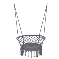 Outsunny Hanging Hammock Chair, Cotton Rope Porch Hammock Swing with Metal Frame and Cushion, Large Macrame Seat for Patio, Garden, Bedroom, Living Room,  Dark Grey(m-2)