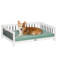 PawHut Elevated Dog Bed, Wooden Raised Pet Sofa, Portable Cat Lounge with Soft Cushion, Washable Cover for Medium Dogs and Cats, White Blue(m-2)