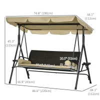 Outsunny Outdoor 3-Seat Porch Swing with Canopy, Rattan Seat, Removable Cushion, Pillows and Steel Frame(m-3)