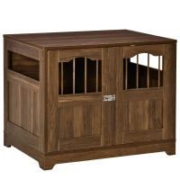 PawHut 29.5" Wooden Dog Cage with Windows, End Table Furniture Style, Modern Pet Kennel with Lockable Doors Elevated Base for Small and Medium-sized Dogs, Brown(m-2)