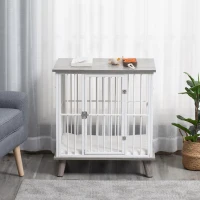 PawHut Dog Crate, Furniture Style Pet Cage Kennel, End Table, Decorative Dog House, with Soft Cushion, Wooden Top, Door, for Small Dogs, Indoor Use, Grey(m-9)