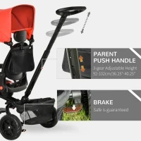 Qaba Tricycle for Toddler 4 in 1 Kids Trike with Reversible Adjustable Seat, Baby Push Bike with Removable Handle, Canopy, Belt Storage Brake Clutch for 1-5 Years, Red(m-6)