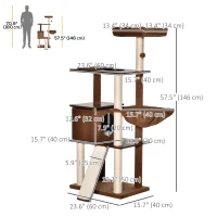 PawHut 58" Huge Cat Tree Kitty Activity Center Cat Climbing Toy Rest Pet Furniture with Sisal Scratching Post Pad Condo Bed Perch Ladder Hanging Ball Brown(m-3)