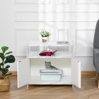 PawHut Cat Litter Box Enclosure Hidden Cat Furniture Cabinet Indoor Cat Washroom Double-door Nightstand End Table with Cat Hole Storage Shelf White(m-1)