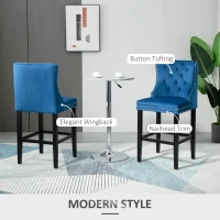 HOMCOM Upholstered Fabric Bar Stool Set of 2, Button Tufted 29.5" Seat Height Pub Chairs with Back & Wood Legs, Blue(m-4)