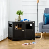 PawHut 29.5" Wooden Dog Cage with Windows, End Table Furniture Style, Modern Pet Kennel with Lockable Doors Elevated Base for Small and Medium-sized Dogs, Black(m-1)