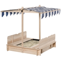 Outsunny Covered Sandbox, Wooden，with Cover Adjustable Canopy, Detachable Seats and Backrests, Kids Sandbox with Convertible Bench Seat, Bottom Liner, Natural Blue