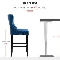 HOMCOM Upholstered Fabric Bar Stool Set of 2, Button Tufted 29.5" Seat Height Pub Chairs with Back & Wood Legs, Blue(m-7)