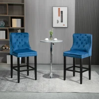 HOMCOM Upholstered Fabric Bar Stool Set of 2, Button Tufted 29.5" Seat Height Pub Chairs with Back & Wood Legs, Blue(m-1)