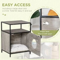 PawHut Wooden Cat House Kitty Shelter Bed with Washable Cushion and Open Shelf, Grey, 19" x 15.75" x 25.75"(m-6)