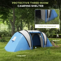 Outsunny Camping Tent with 2 Bedrooms and Living Area, 3000mm Waterproof Family Tent, for Fishing Hiking Festival, Blue(m-4)