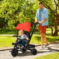 Qaba Tricycle for Toddler 4 in 1 Kids Trike with Reversible Adjustable Seat, Baby Push Bike with Removable Handle, Canopy, Belt Storage Brake Clutch for 1-5 Years, Red(m-1)