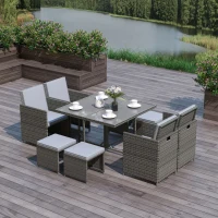 Outsunny 9 Piece Outdoor Rattan Wicker Dining Table and Chairs Furniture Set Space Saving Wicker Chairs w/ Cushions - Gray(m-8)