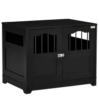 PawHut 29.5" Wooden Dog Cage with Windows, End Table Furniture Style, Modern Pet Kennel with Lockable Doors Elevated Base for Small and Medium-sized Dogs, Black(m-2)