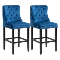 HOMCOM Upholstered Fabric Bar Stool Set of 2, Button Tufted 29.5" Seat Height Pub Chairs with Back & Wood Legs, Blue(m-2)