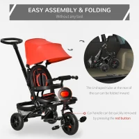 Qaba Tricycle for Toddler 4 in 1 Kids Trike with Reversible Adjustable Seat, Baby Push Bike with Removable Handle, Canopy, Belt Storage Brake Clutch for 1-5 Years, Red(m-9)