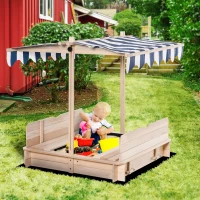 Outsunny Covered Sandbox, Wooden，with Cover Adjustable Canopy, Detachable Seats and Backrests, Kids Sandbox with Convertible Bench Seat, Bottom Liner, Natural Blue(m-12)
