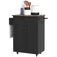 HOMCOM Modern Rolling Kitchen Island Cart with Drawer, Natural Wood Top, Towel Rack, Door Storage Cabinet, Distressed Black(m-2)