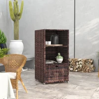 Outsunny Outdoor Storage Cabinet, Patio Storage Box Rack Rattan Wicker Pool Towel Valet Organizer Poolside Garden Lawn Bathroom Furniture Shelf w/ Shelf Drawer, Mixed Brown(m-1)