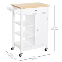 HOMCOM Modern Rolling Kitchen Island Cart with Drawer, Natural Wood Top, Towel Rack, Door Storage Cabinet, White(m-3)
