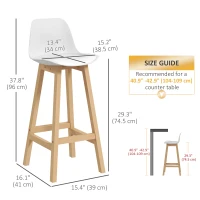 HOMCOM Bar Height Stools Set of 2, PU Leather Upholstered Stools for Kitchen Island, Modern Bar Chairs with Backs, White(m-3)