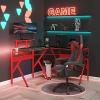 HOMCOM Gaming Desk, L-Shaped Corner Computer Table for Home Office, Workstations with Adjustable Monitor Stand Cup Holder Headphone Hook 49.25" x 49.25" x 29.5" Red(m-1)